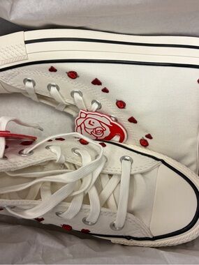 Converse White High-Top Sneakers with Red Rose & Heart Accents